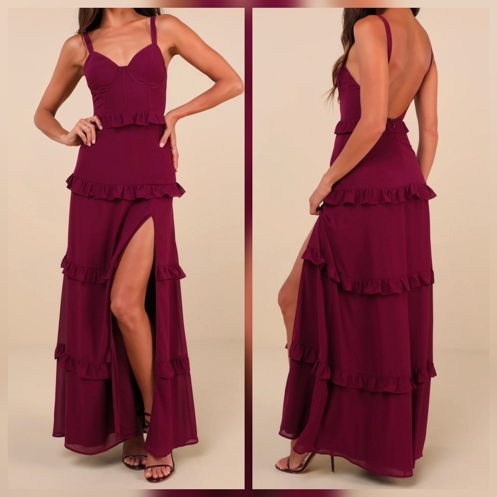 Lulus Sincerely Poised Plum Purple Backless Bustier Tiered Maxi Dress, Size 1X